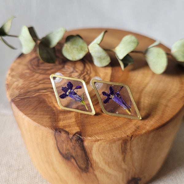Small Blue Flower Brass Stud Earrings