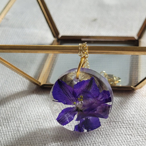 Deep Purple Larkspur Flower Round Necklace