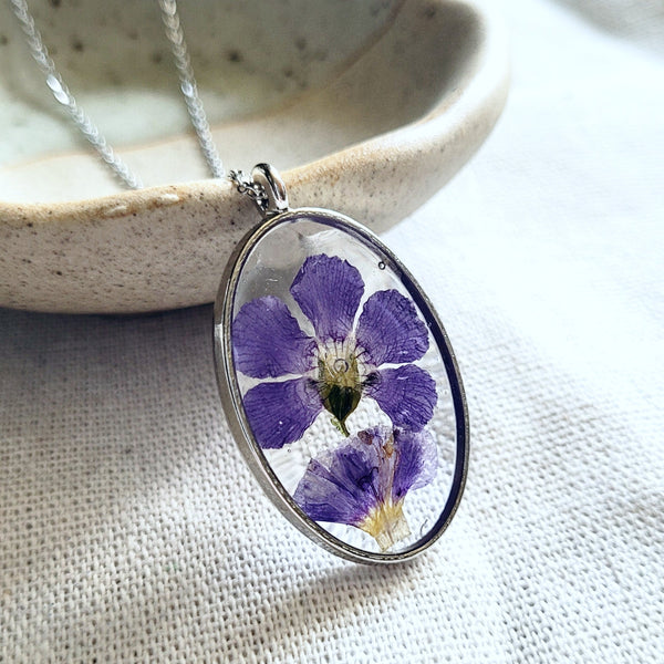 Deep Purple Flower Oval Necklace