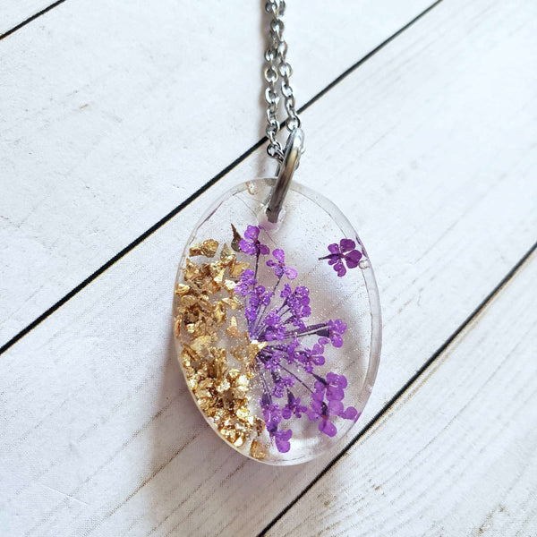 Pressed Queen Annes Lace Resin Necklace::LittlePrettyDesigns
