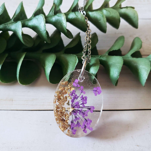 Pressed Queen Annes Lace Resin Necklace::LittlePrettyDesigns