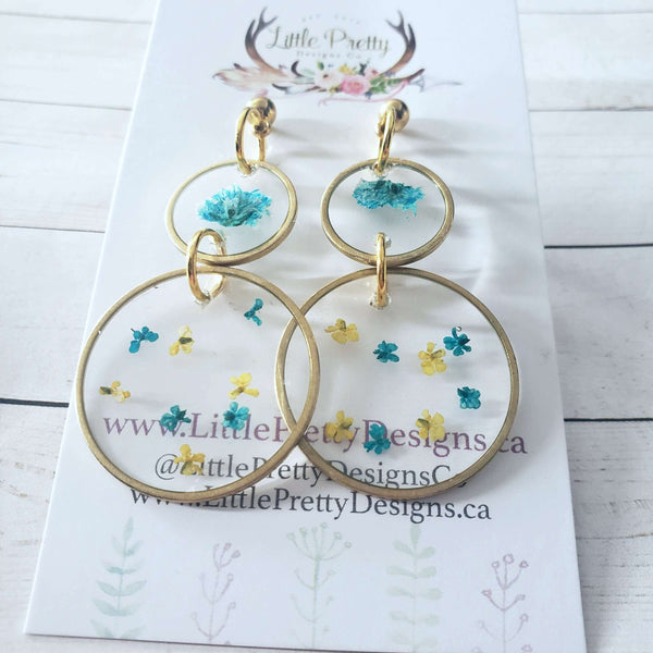 Yellow & Teal Pressed Flower Dangle Earrings:Dangle Earrings:LittlePrettyDesigns
